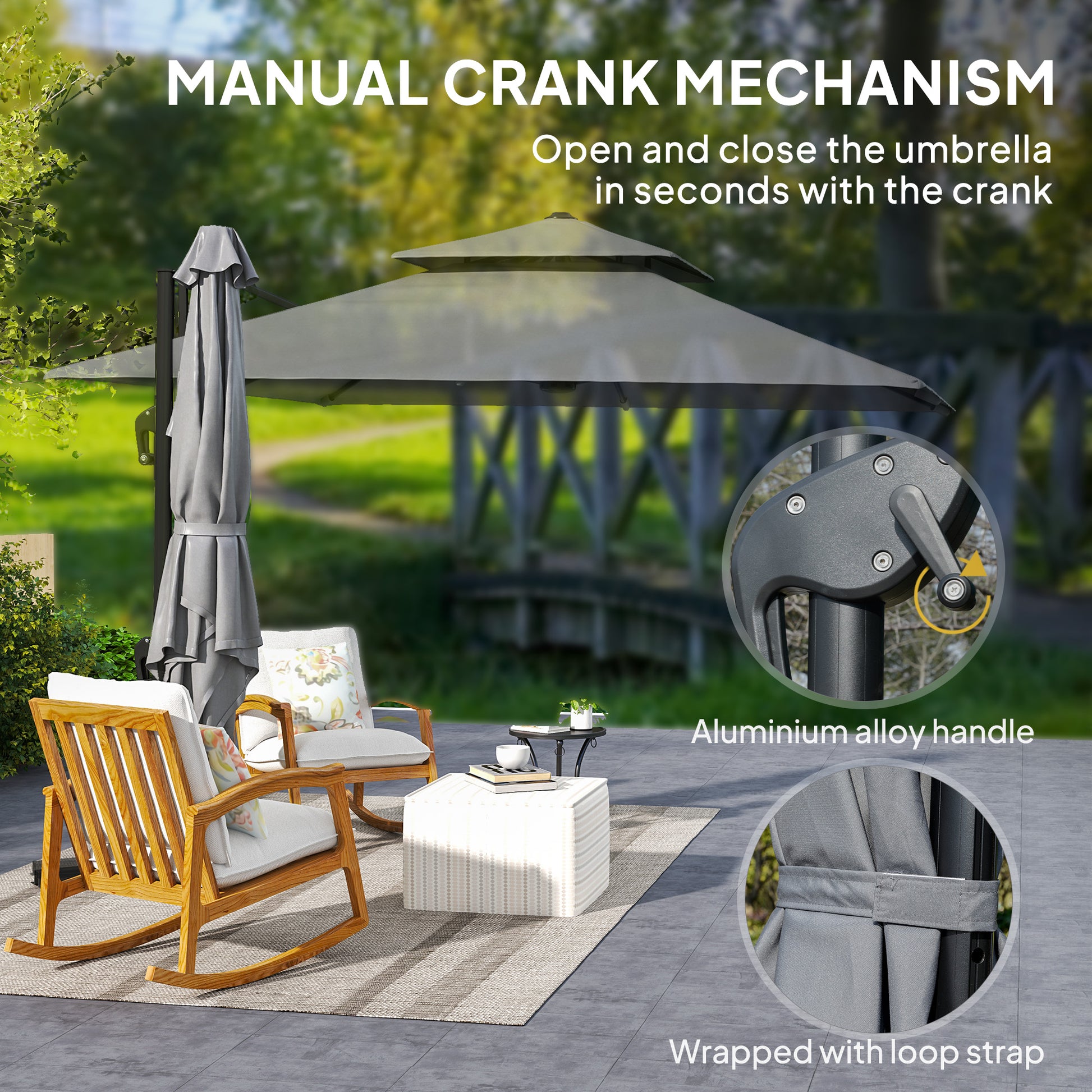 Outsunny 3 x 3(m) Cantilever Parasol with Aluminium Frame, Crank and Tilt, 360-Degree Rotation, Double Top Garden Umbrella with Base and Cover, Light Grey
