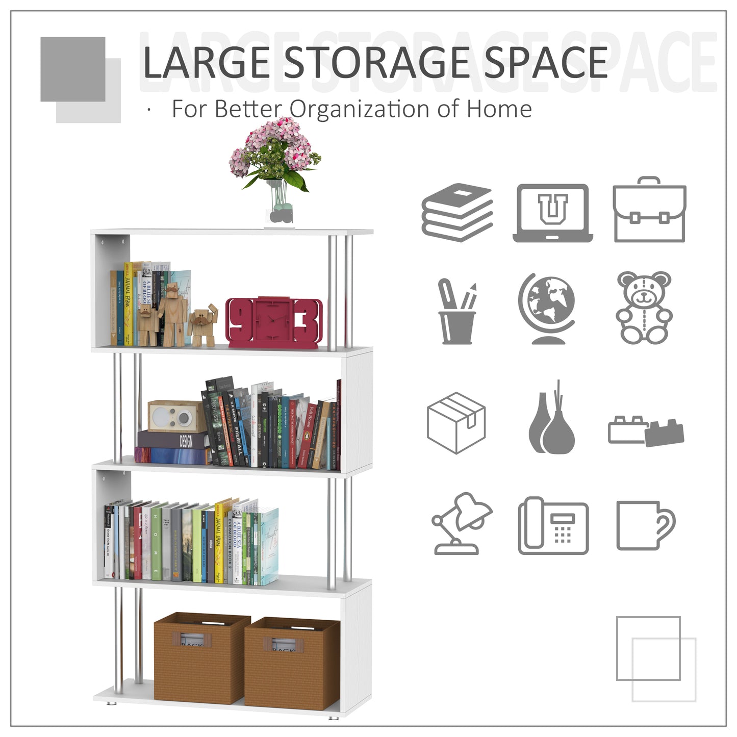 HOMCOM Wooden S Shape Bookcase Bookshelf Dividers Storage Display Unit White