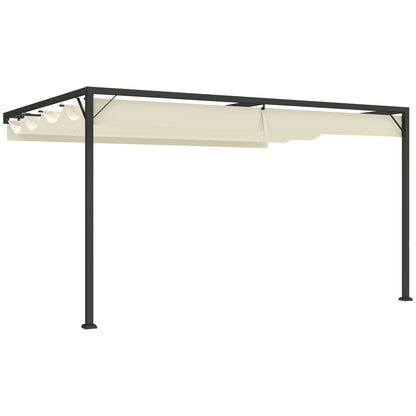 Outsunny 4 x 3(m) Outdoor Lean To Pergola Retractable Canopy Wall Mounted Gazebo Patio Shelter Sun Shade, Cream White