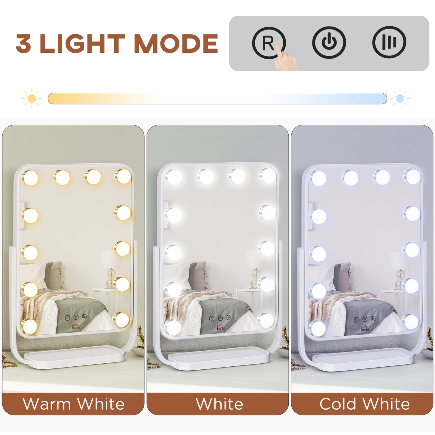 HOMCOM Hollywood Makeup Mirror with LED Lights, Tabletop Vanity Mirror with 12 Dimmable LED Bulbs, Memory Function and Metal Frame, White