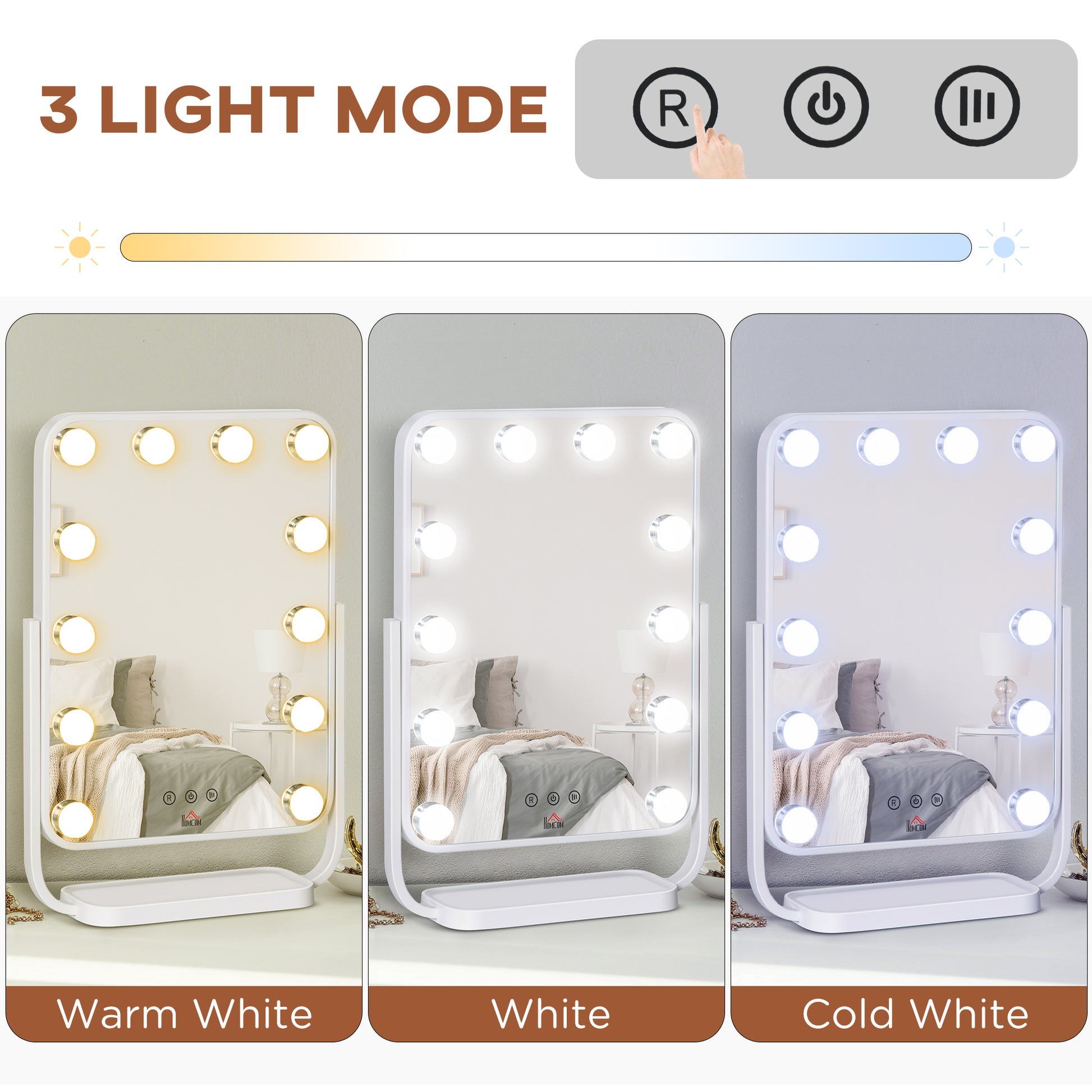 HOMCOM Hollywood Makeup Mirror with LED Lights, Tabletop Vanity Mirror with 12 Dimmable LED Bulbs, Memory Function and Metal Frame, White