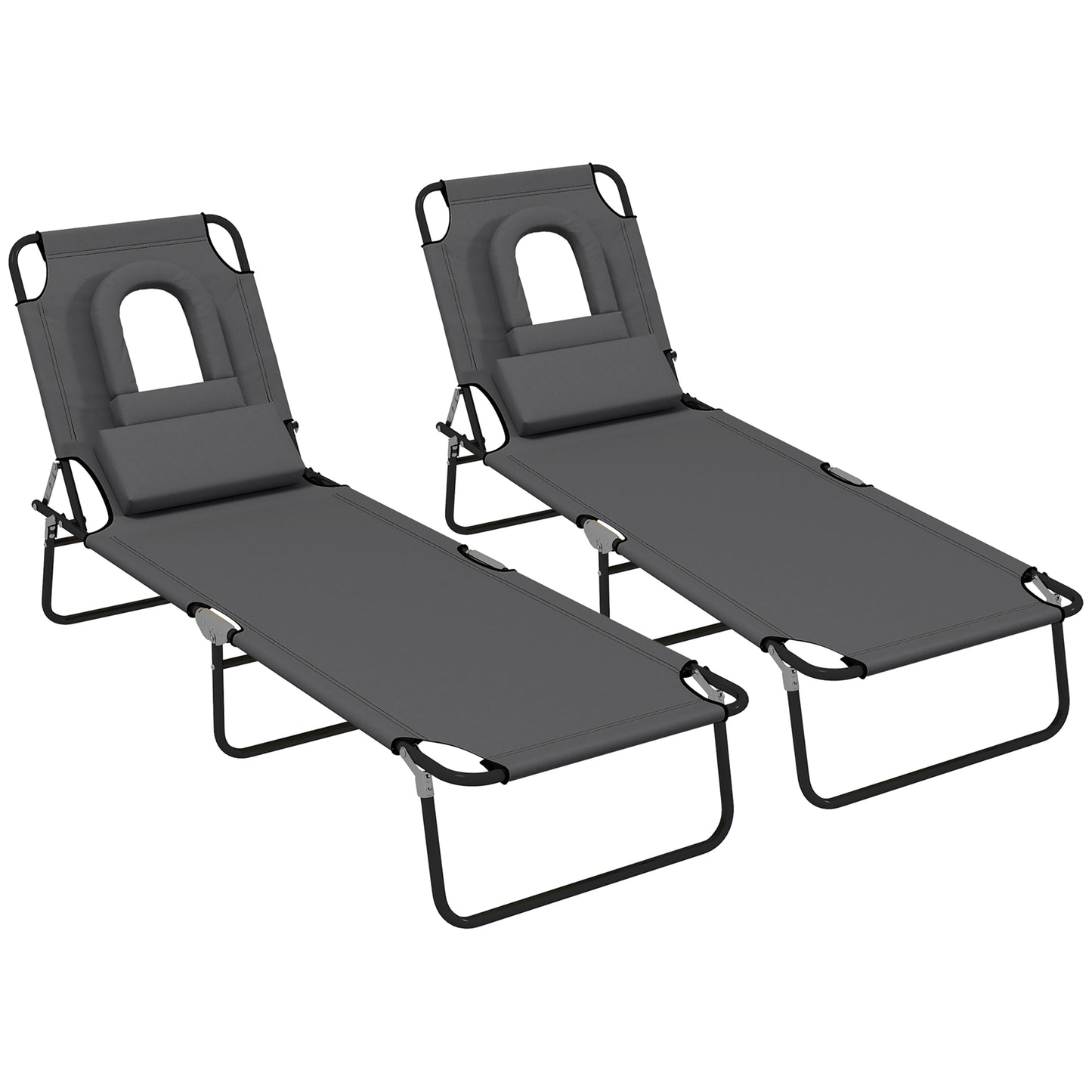 Outsunny Outdoor Folding Sun Lounger Set of 2 with Face Hole, 4 Level Adjustable Backrest Reclining Garden Lounger, Garden Recliner Sunbed with 600 D Oxford Cloth Seat and Pillow for Beach, Dark Grey
