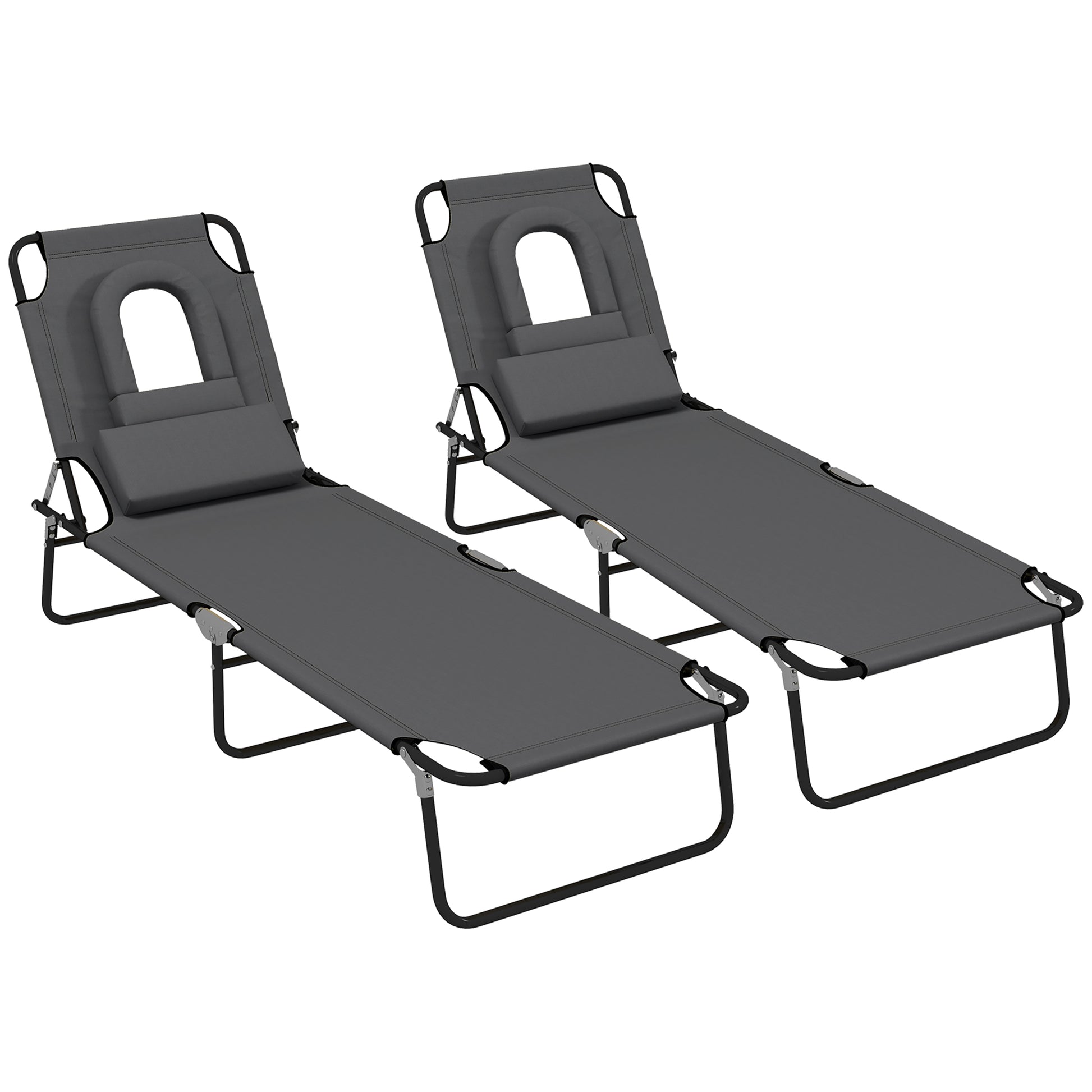 Outsunny Outdoor Folding Sun Lounger Set of 2 with Face Hole, 4 Level Adjustable Backrest Reclining Garden Lounger, Garden Recliner Sunbed with 600 D Oxford Cloth Seat and Pillow for Beach, Dark Grey
