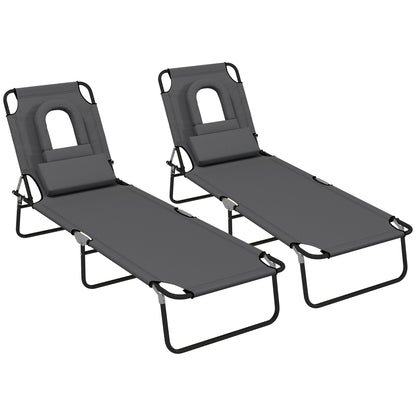Outsunny Outdoor Folding Sun Lounger Set of 2 with Face Hole, 4 Level Adjustable Backrest Reclining Garden Lounger, Garden Recliner Sunbed with 600 D Oxford Cloth Seat and Pillow for Beach, Dark Grey