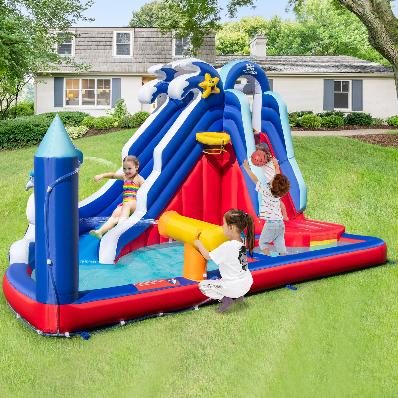 6-In-1 Inflatable Water Park with Climbing Wall and Water Cannon without Blower
