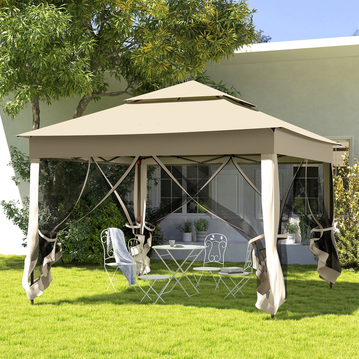Outsunny 3 x 3(m) Pop Up Gazebo, Double-roof Garden Tent with Netting and Carry Bag, Party Event Shelter for Outdoor Patio, Cream White