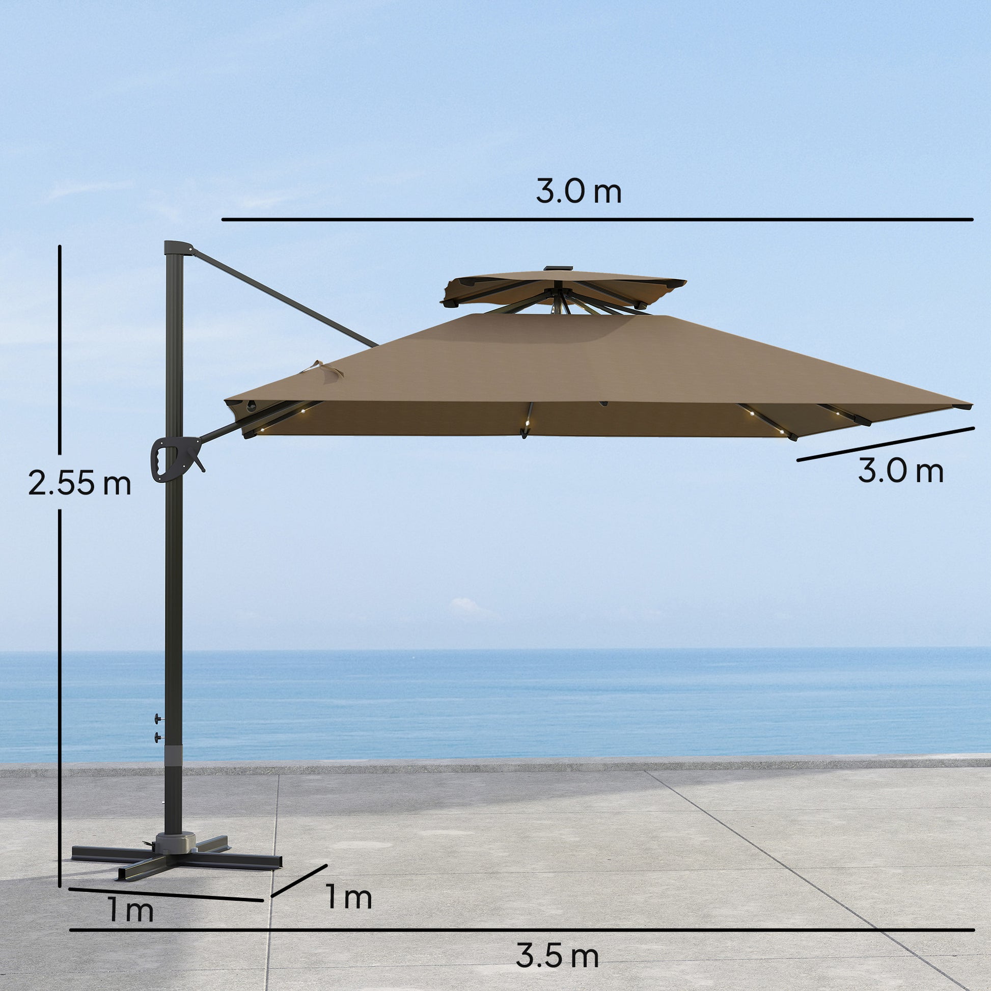 Outsunny 3.5x3 m Garden Cantilever Parasol with Solar LED Lights and Centre Light, UPF50+ Aluminium Patio Umbrella with 360° Rotation and Tilt, Hanging Sun Shade with Cross Base, Crank Handle, Khaki