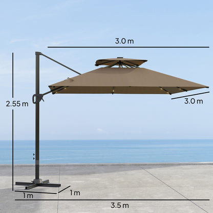 Outsunny 3.5x3 m Garden Cantilever Parasol with Solar LED Lights and Centre Light, UPF50+ Aluminium Patio Umbrella with 360° Rotation and Tilt, Hanging Sun Shade with Cross Base, Crank Handle, Khaki