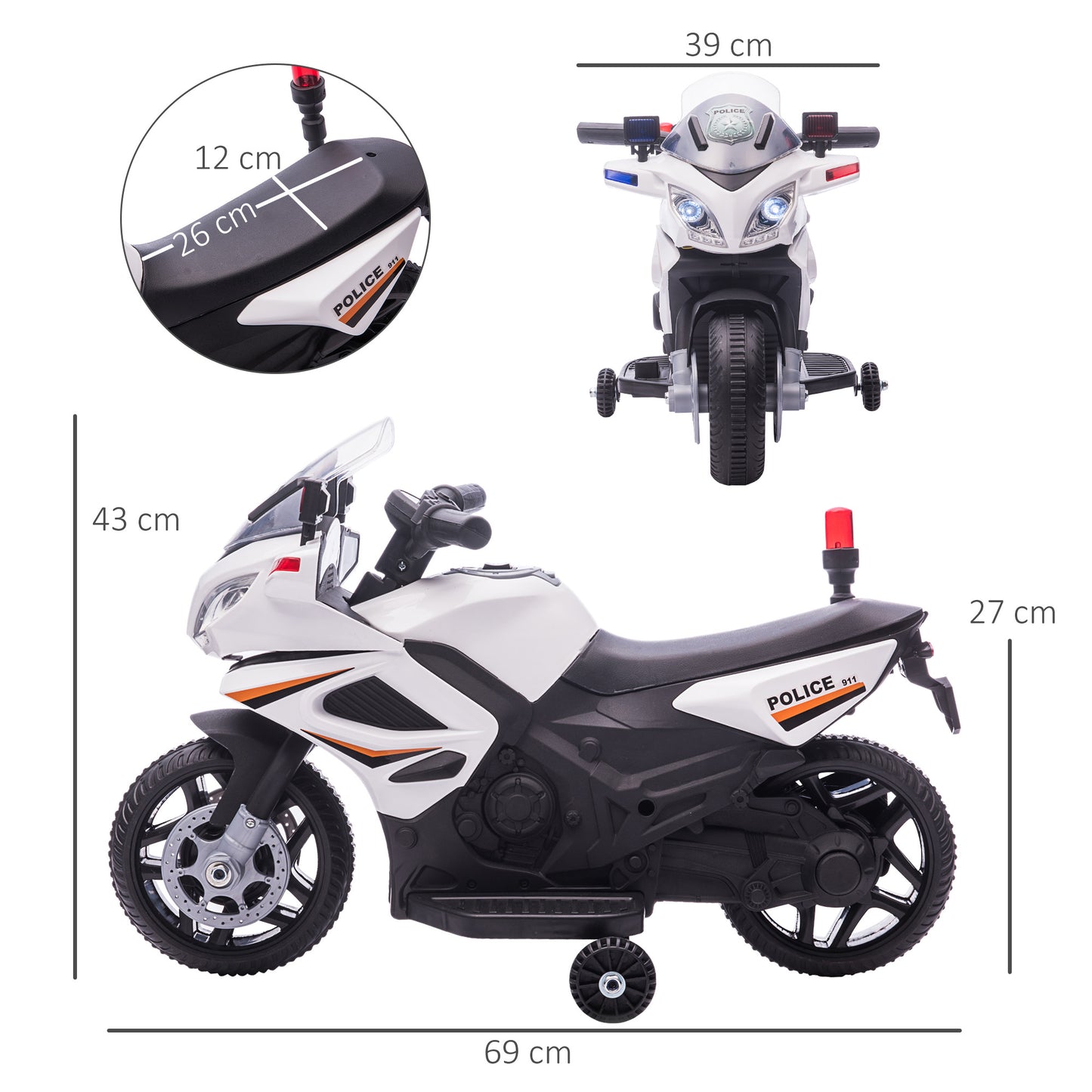 HOMCOM Kids 6V Electric Ride On Motorcycle Police Car Vehicle w/ Lights Horn Realistic Sound Outdoor Play Toy for 18 - 36 months White