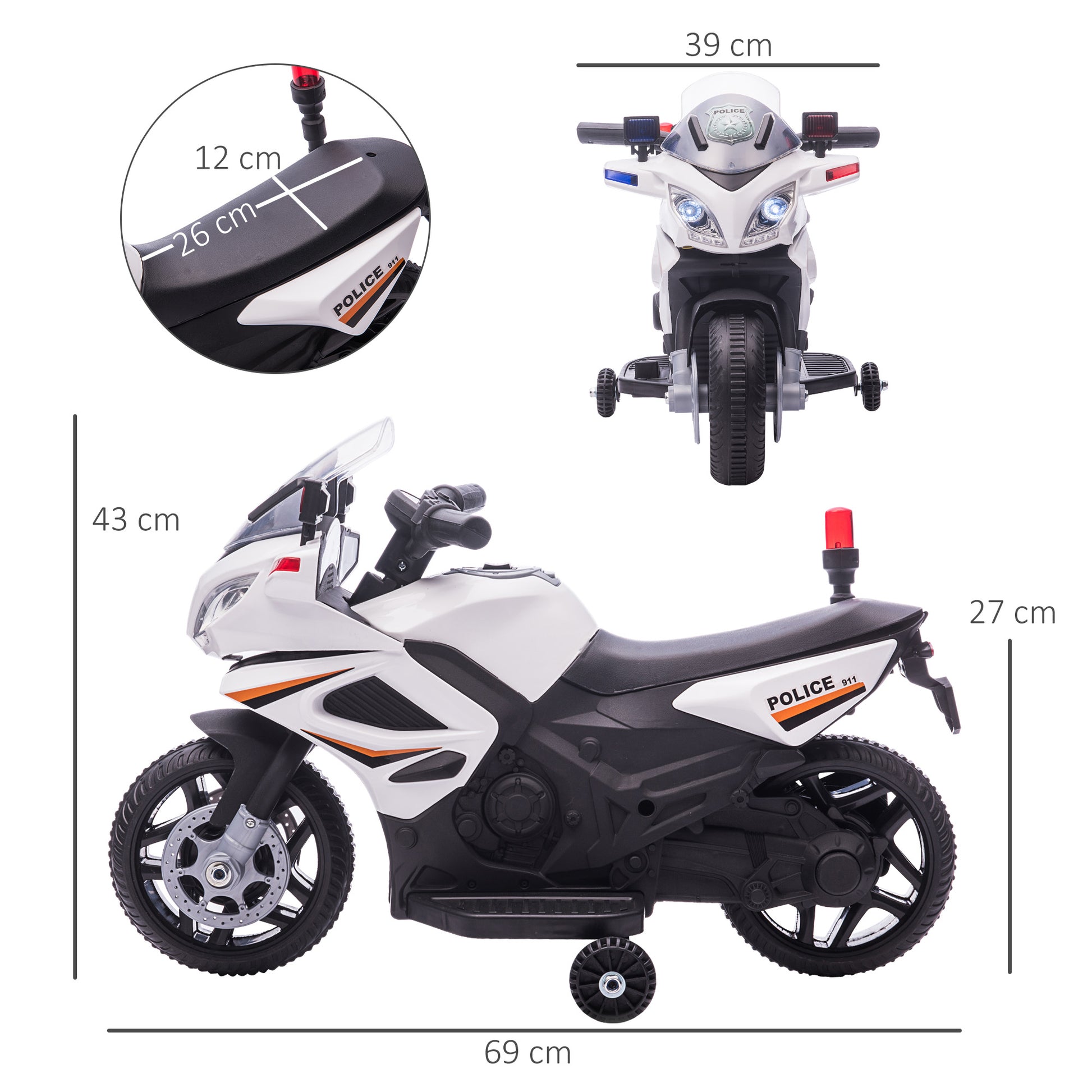 HOMCOM Kids 6V Electric Ride On Motorcycle Police Car Vehicle w/ Lights Horn Realistic Sound Outdoor Play Toy for 18 - 36 months White