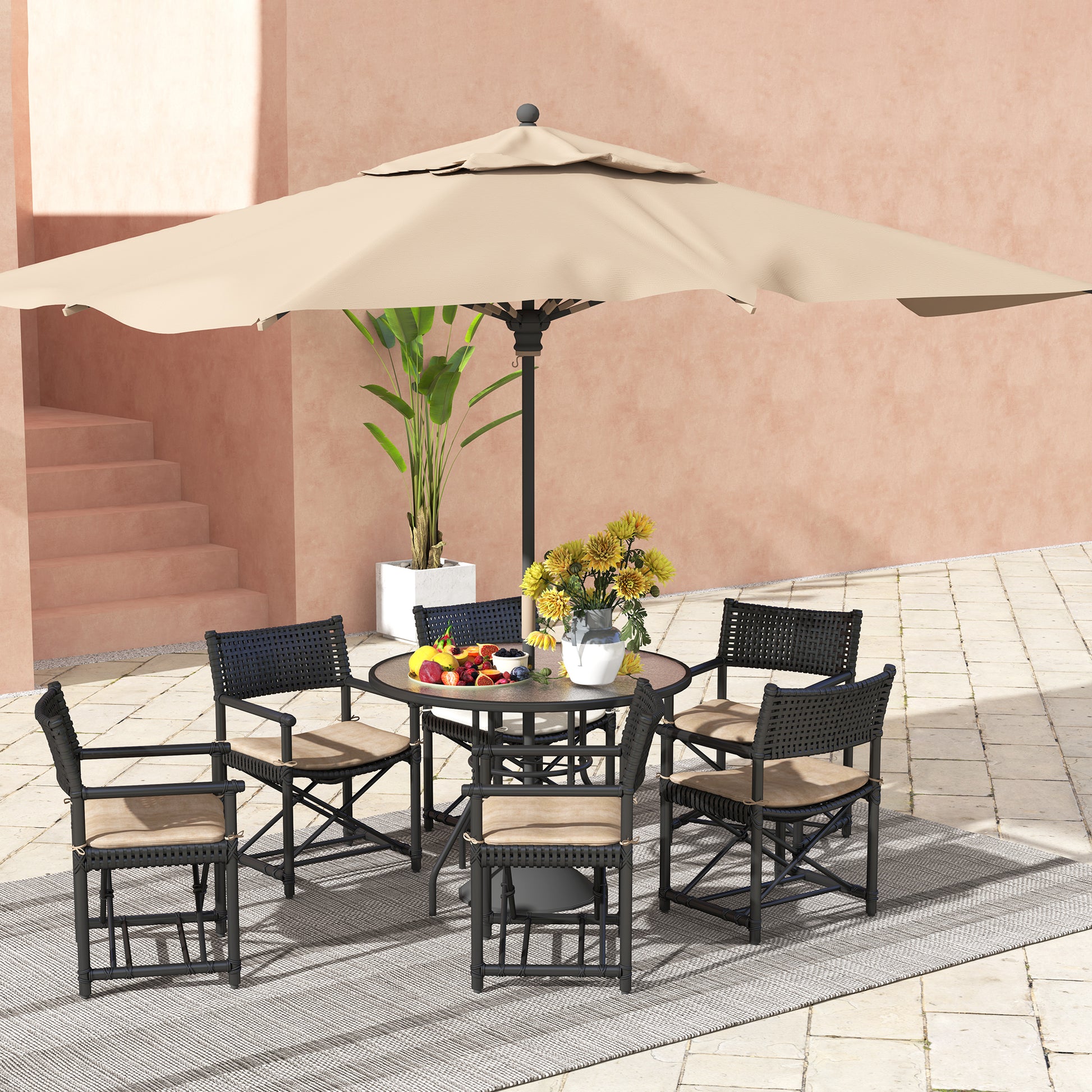 Outsunny Glass-Top Garden Table, with Parasol Hole - Black