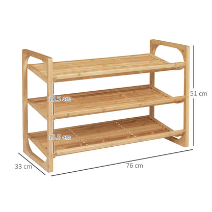 HOMCOM 3-Tier Shoe Rack, Bamboo Shoe Storage Organizer with Slatted Shelves, Free Standing Shoe Shelf Stand for 9 Pairs of Shoes for Entryway Natural