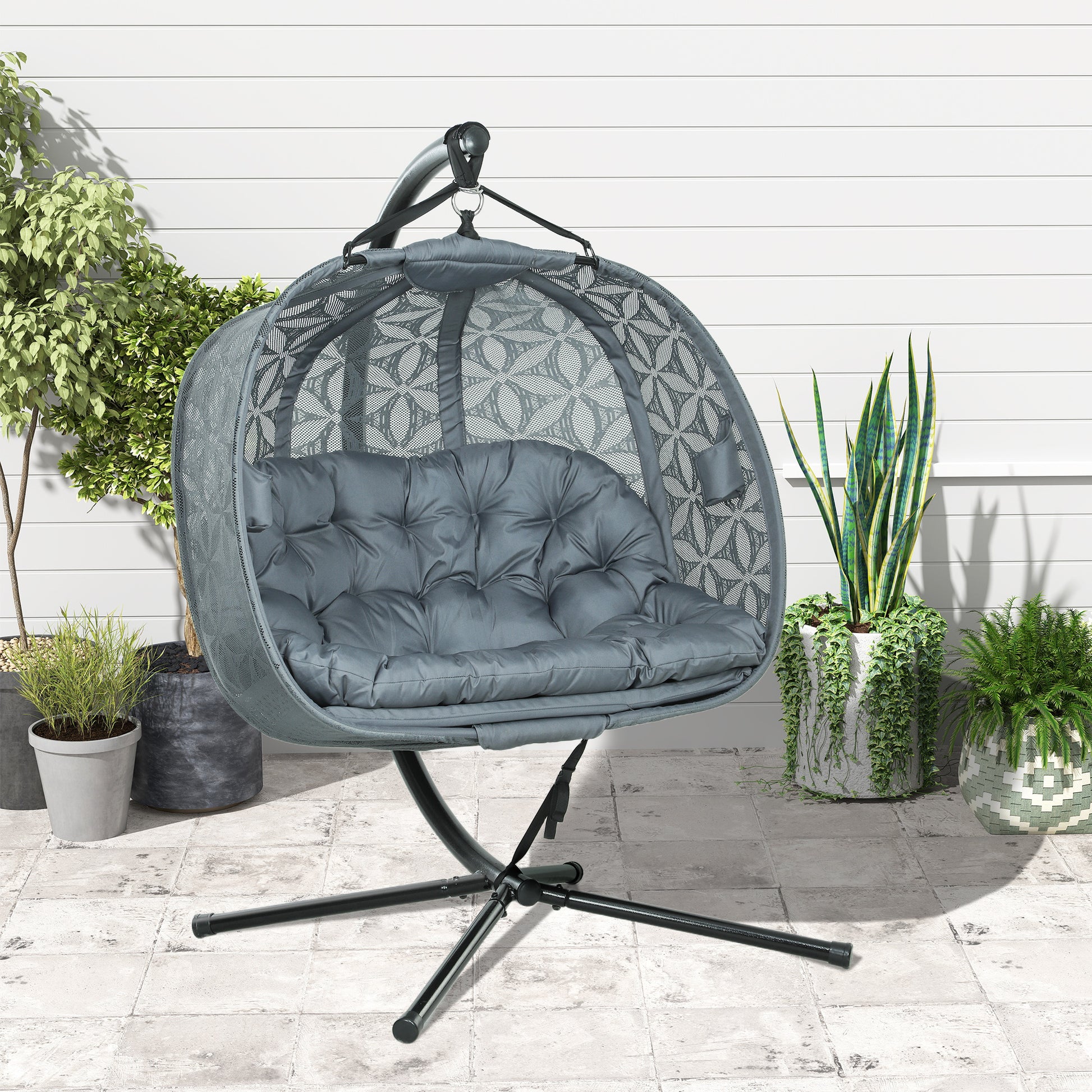 Outsunny Outdoor Double Hanging Chair with Cushion and Cup Holders, Charcoal Grey