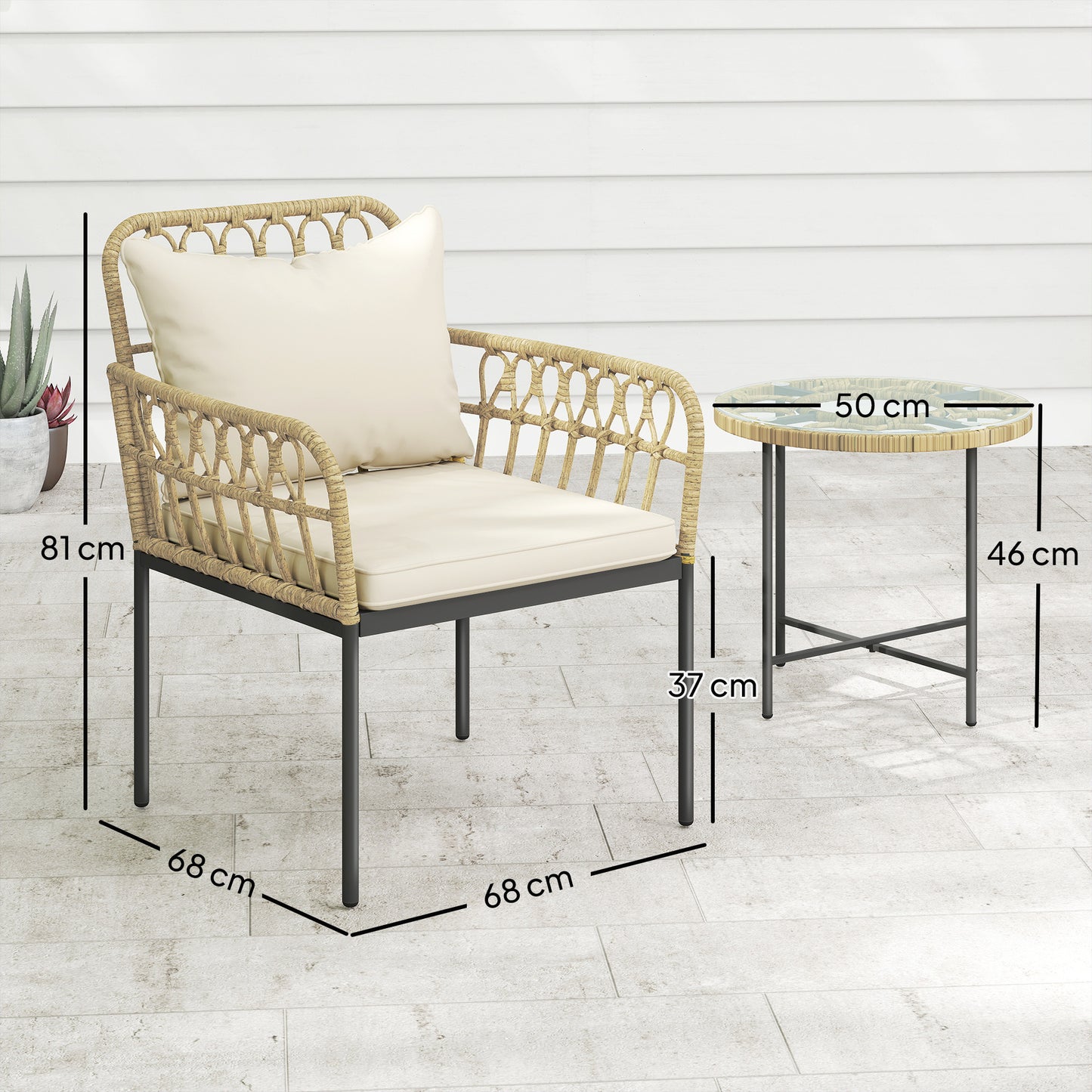 Outsunny 3 Piece Rattan Bistro Set, Wicker Garden Furniture Set with Cushions, Glass Top Coffee Table and Chairs for Outdoor, Patio, Balcony, Beige