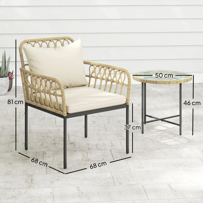 Outsunny 3 Piece Rattan Bistro Set, Wicker Garden Furniture Set with Cushions, Glass Top Coffee Table and Chairs for Outdoor, Patio, Balcony, Beige