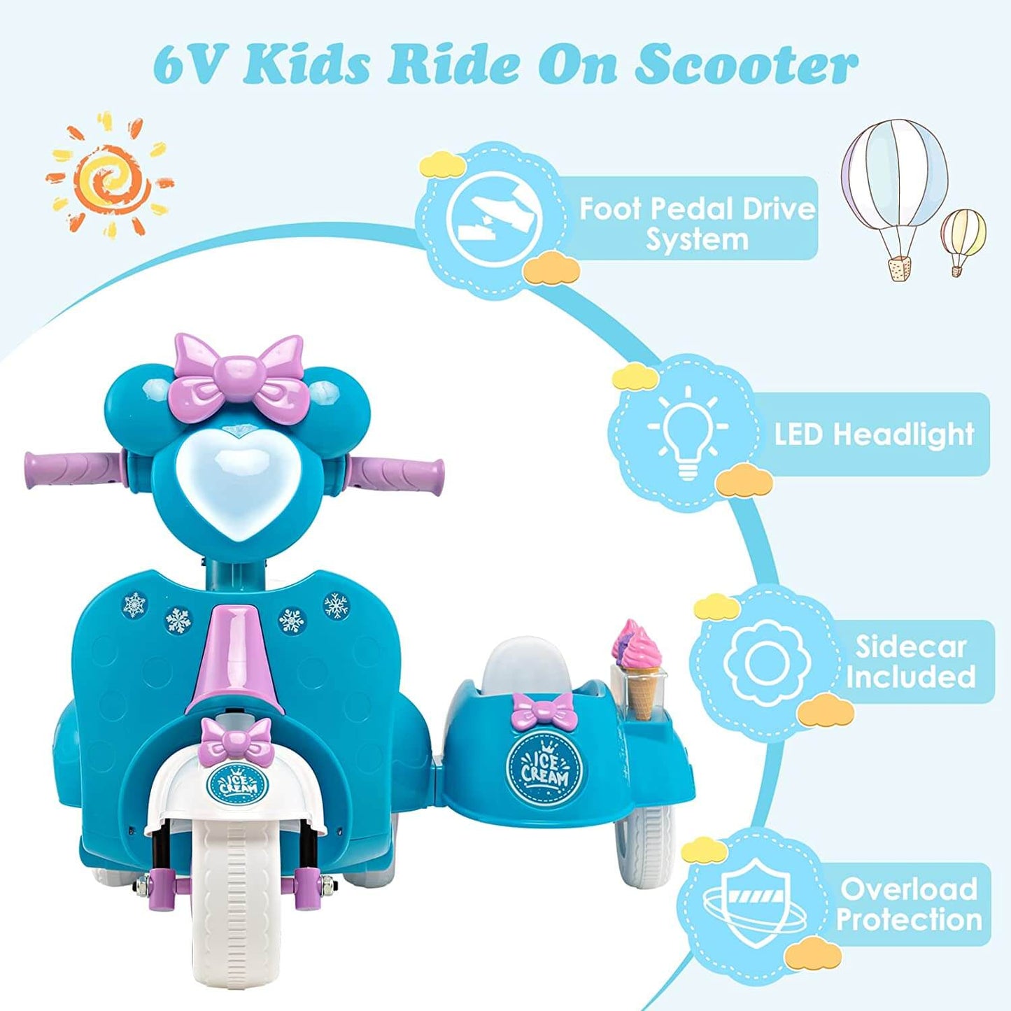 6V Battery Powered Kids Ride on Motorbike with Detachable Sidecar-Blue