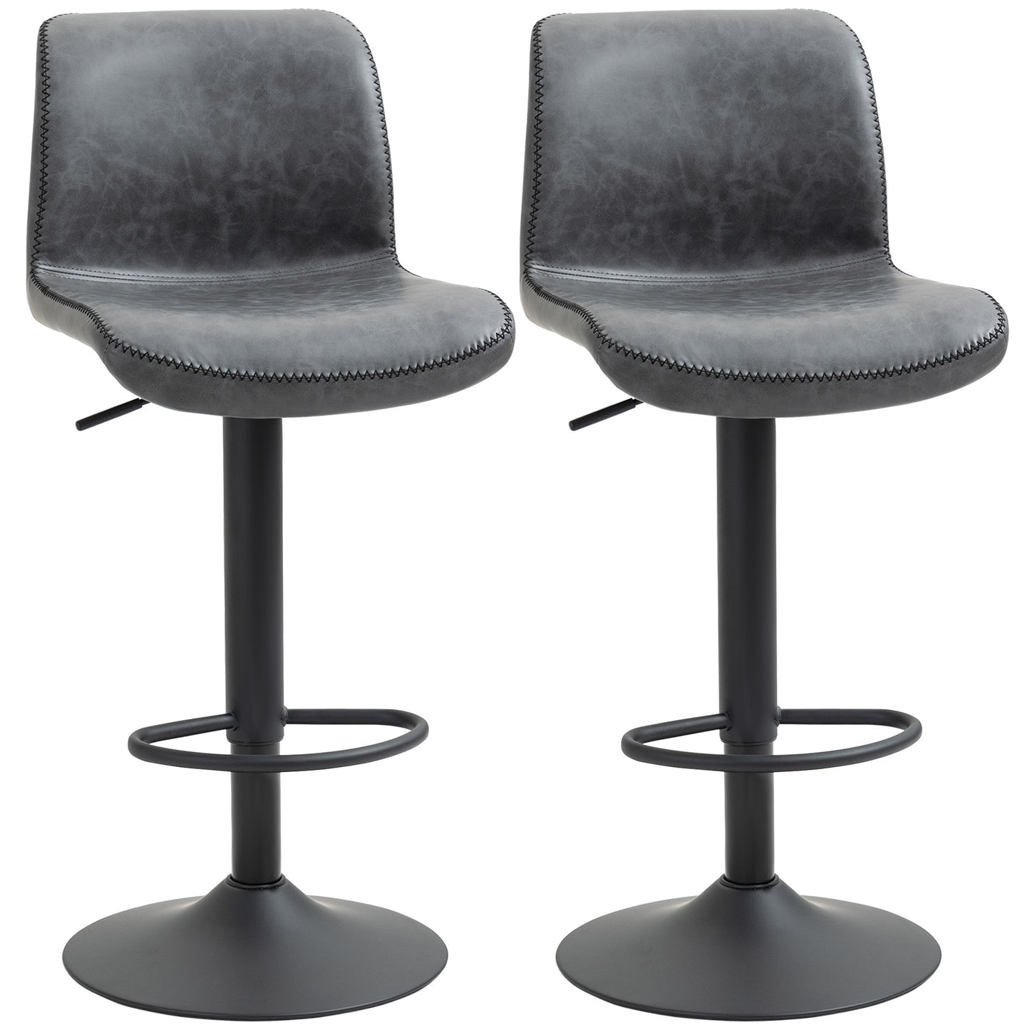 HOMCOM Set of 2 Leather Bar Stool Adjustable Height Swivel Footrest and Base for Breakfast Bar, Kitchen and Home, Grey