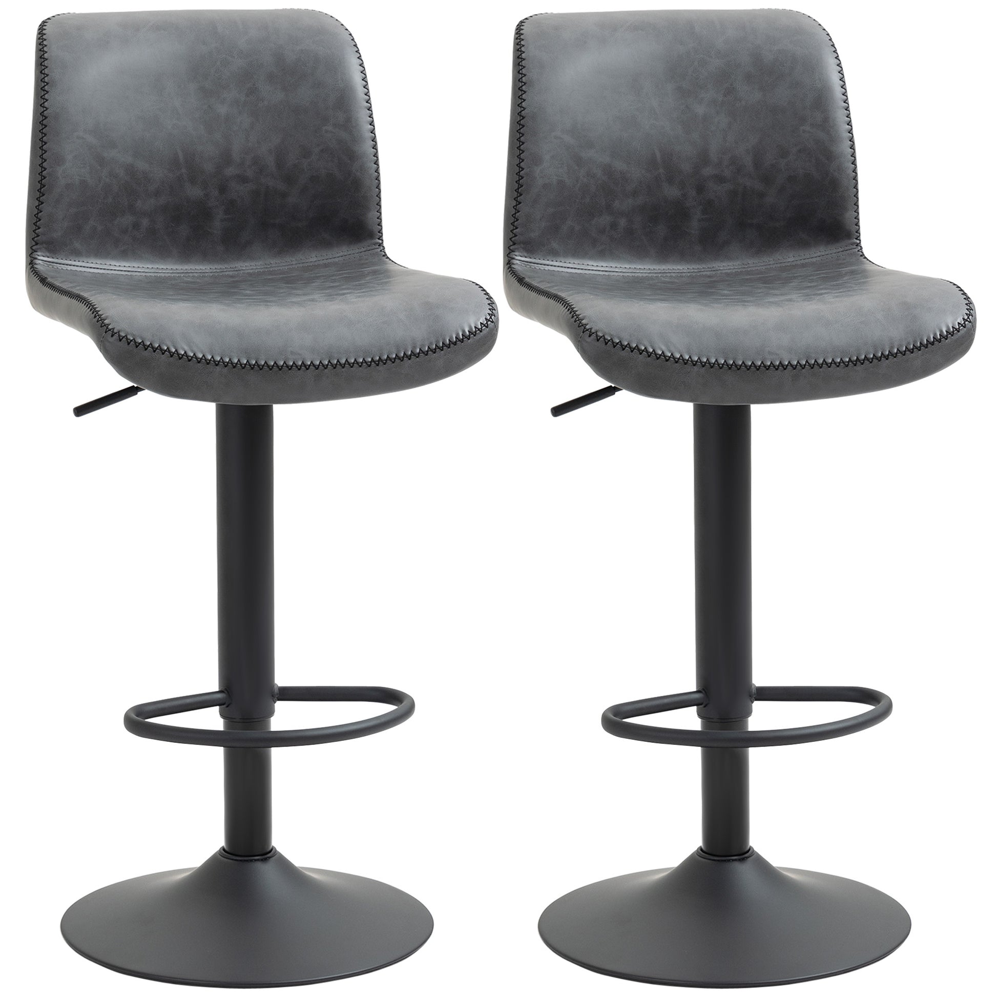 HOMCOM Set of 2 Leather Bar Stool Adjustable Height Swivel Footrest and Base for Breakfast Bar, Kitchen and Home, Grey