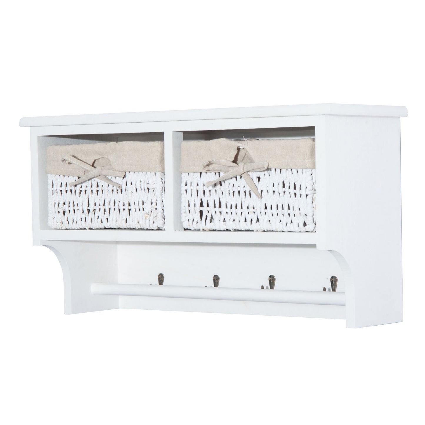 HOMCOM Entryway Coat Rack Wall Mounted Shelf w/Wicker Basket and Hooks (2 Baskets, White)