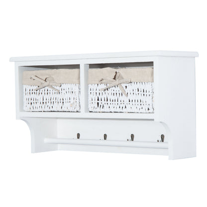 HOMCOM Entryway Coat Rack Wall Mounted Shelf w/Wicker Basket and Hooks (2 Baskets, White)