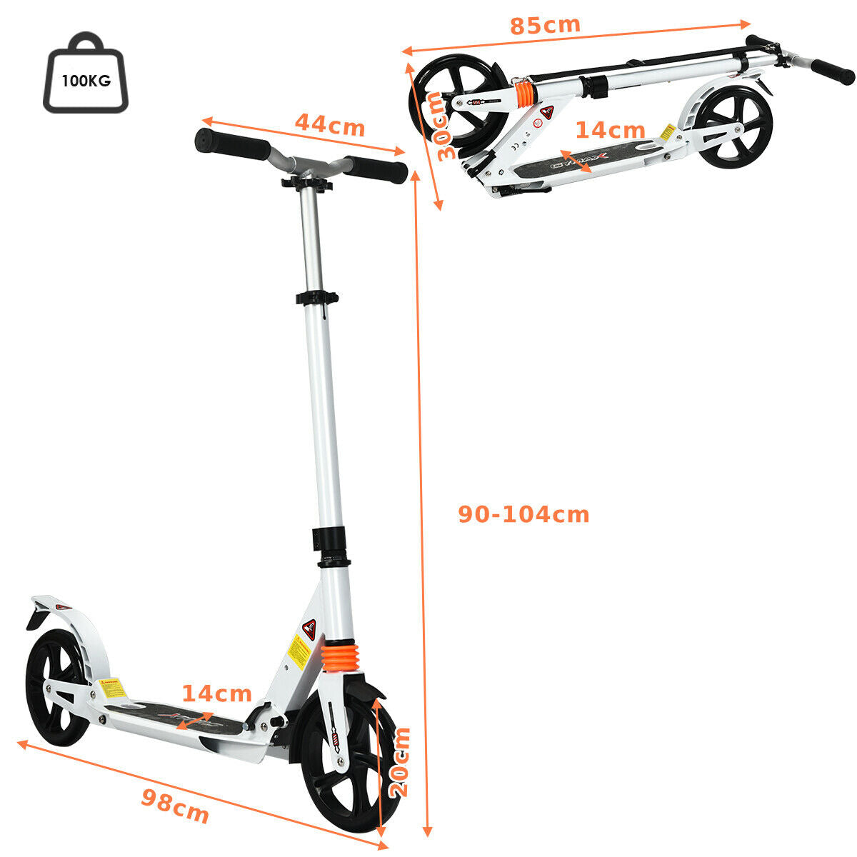 Pro Push Stunt Kick Scooter with Adjustable Bar and Carry Strap-White