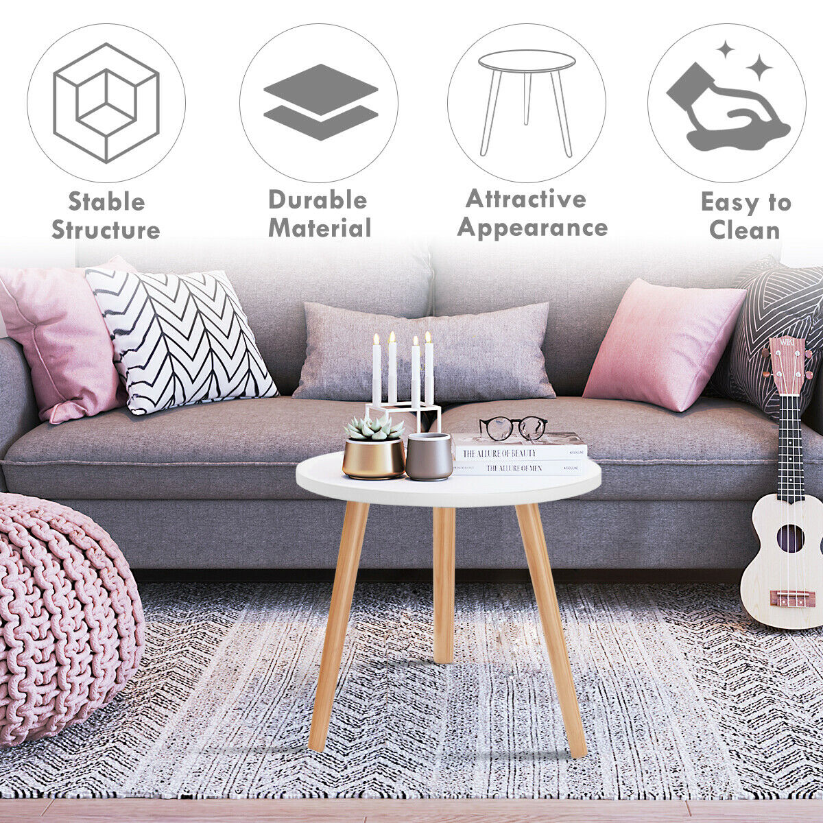 Round Occasional/Side Table with Natural Wood Legs for Home and Office-White