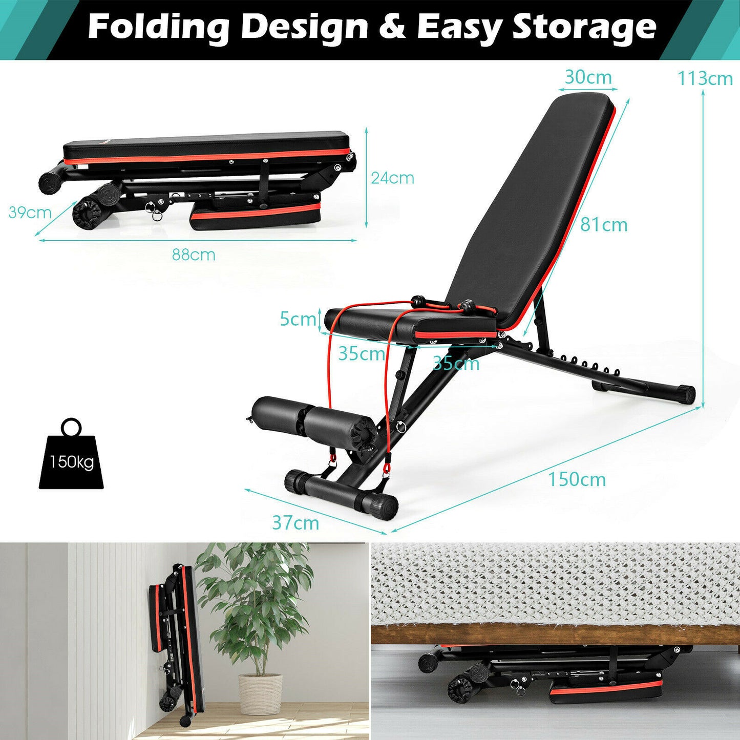 Adjustable Strength Training Bench with High Elastic Ropes-Black