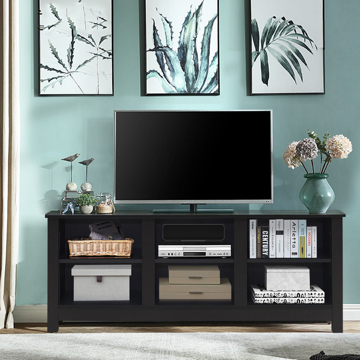 Wooden TV Stand with Adjustable Shelves and Cable Manage Holes-Black