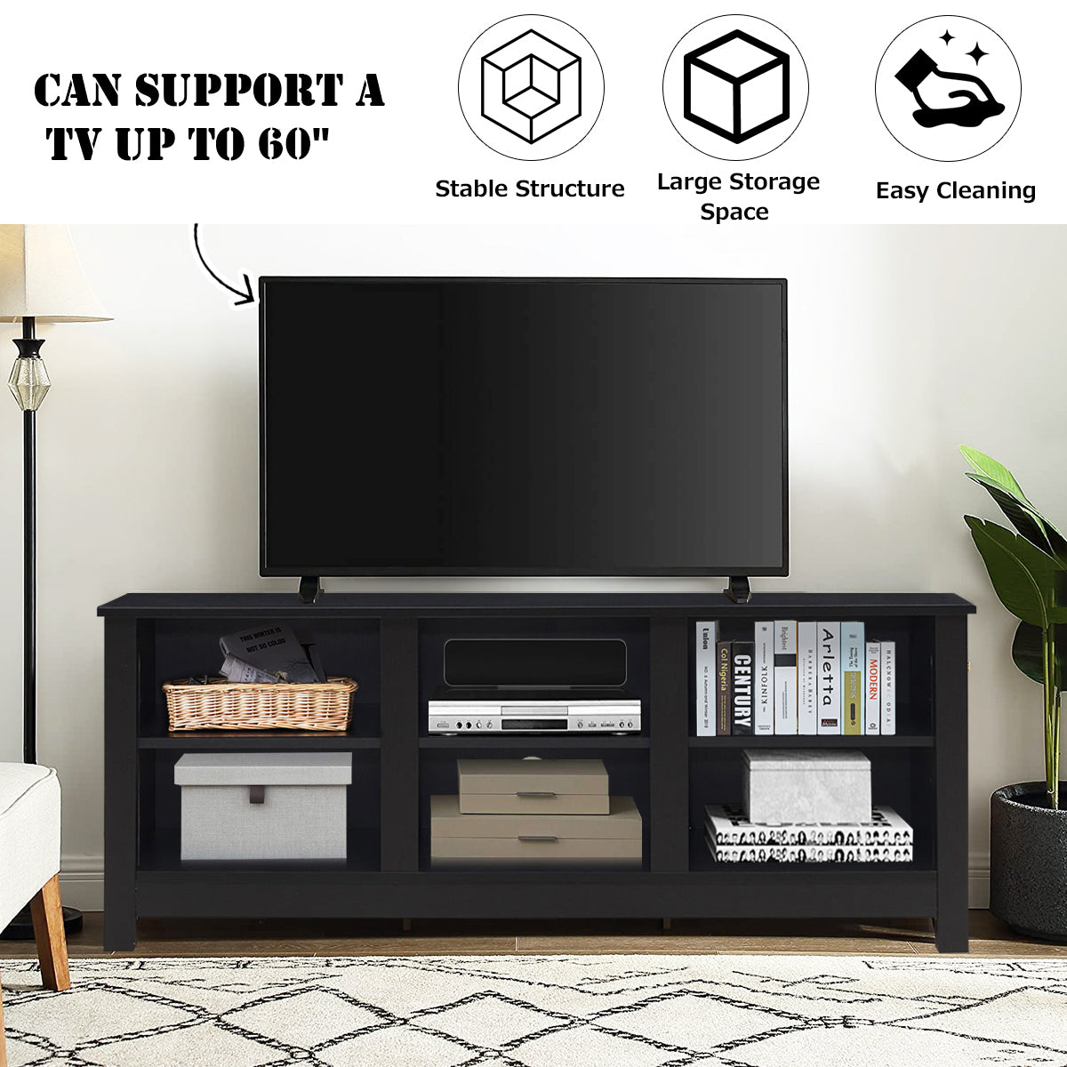 Wooden TV Stand with Adjustable Shelves and Cable Manage Holes-Black
