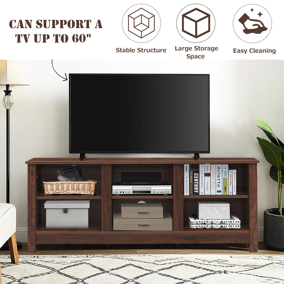 Wooden TV Stand with Adjustable Shelves and Cable Manage Holes-Brown