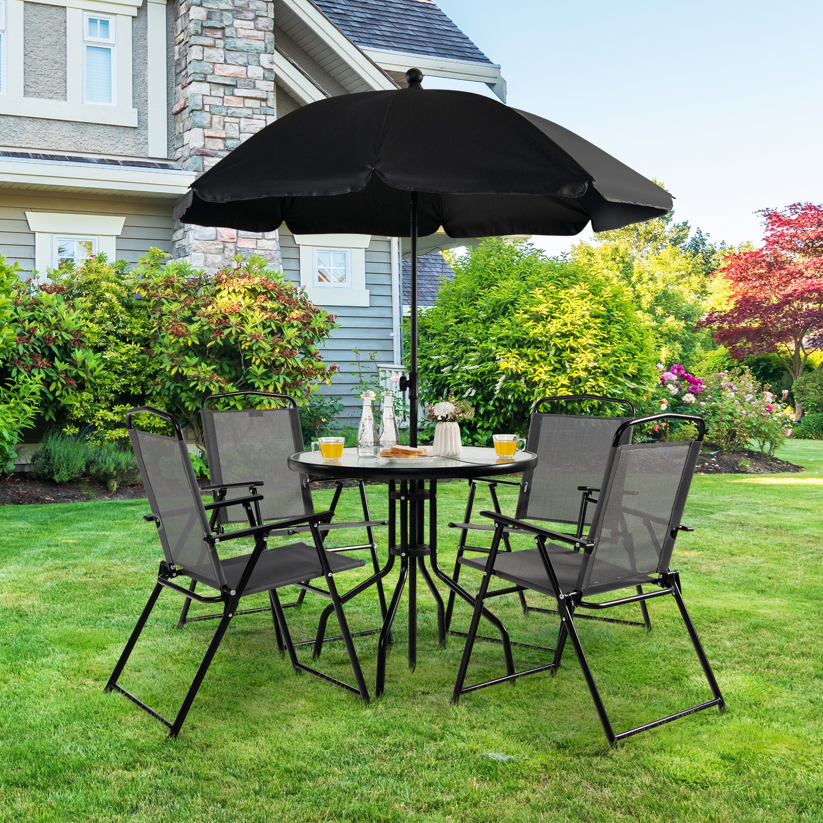 6 Pieces Patio Dining Set with Folding Chairs and Glass Table-Grey