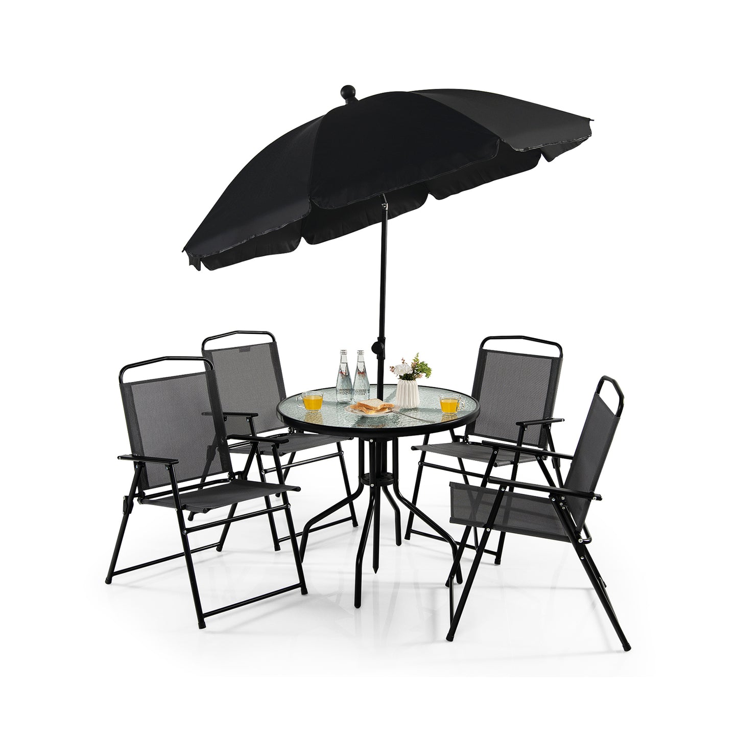 6 Pieces Patio Dining Set with Folding Chairs and Glass Table-Grey