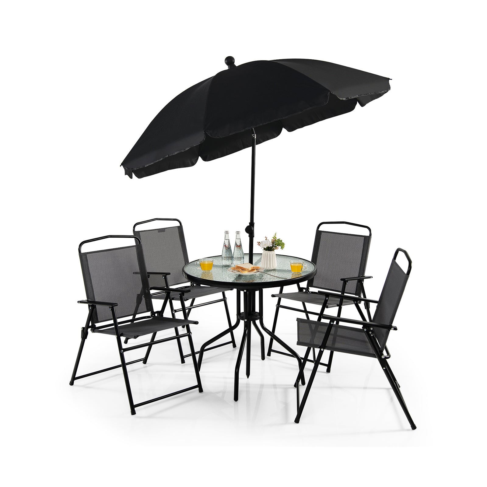 6 Pieces Patio Dining Set with Folding Chairs and Glass Table-Grey