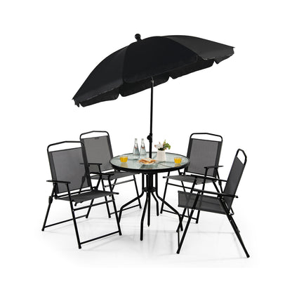 6 Pieces Patio Dining Set with Folding Chairs and Glass Table-Grey