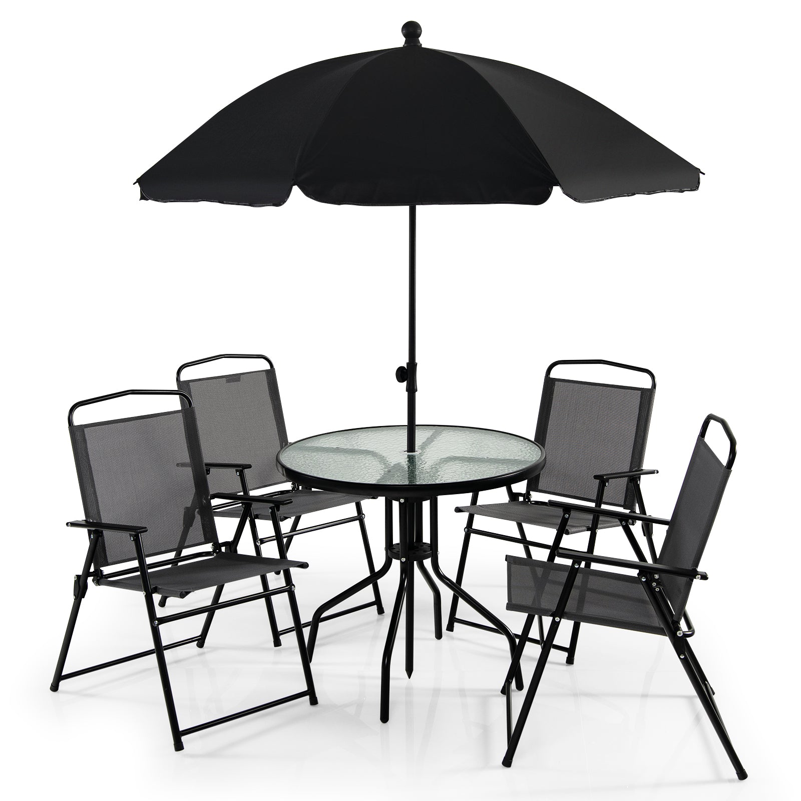 6 Pieces Patio Dining Set with Folding Chairs and Glass Table-Grey