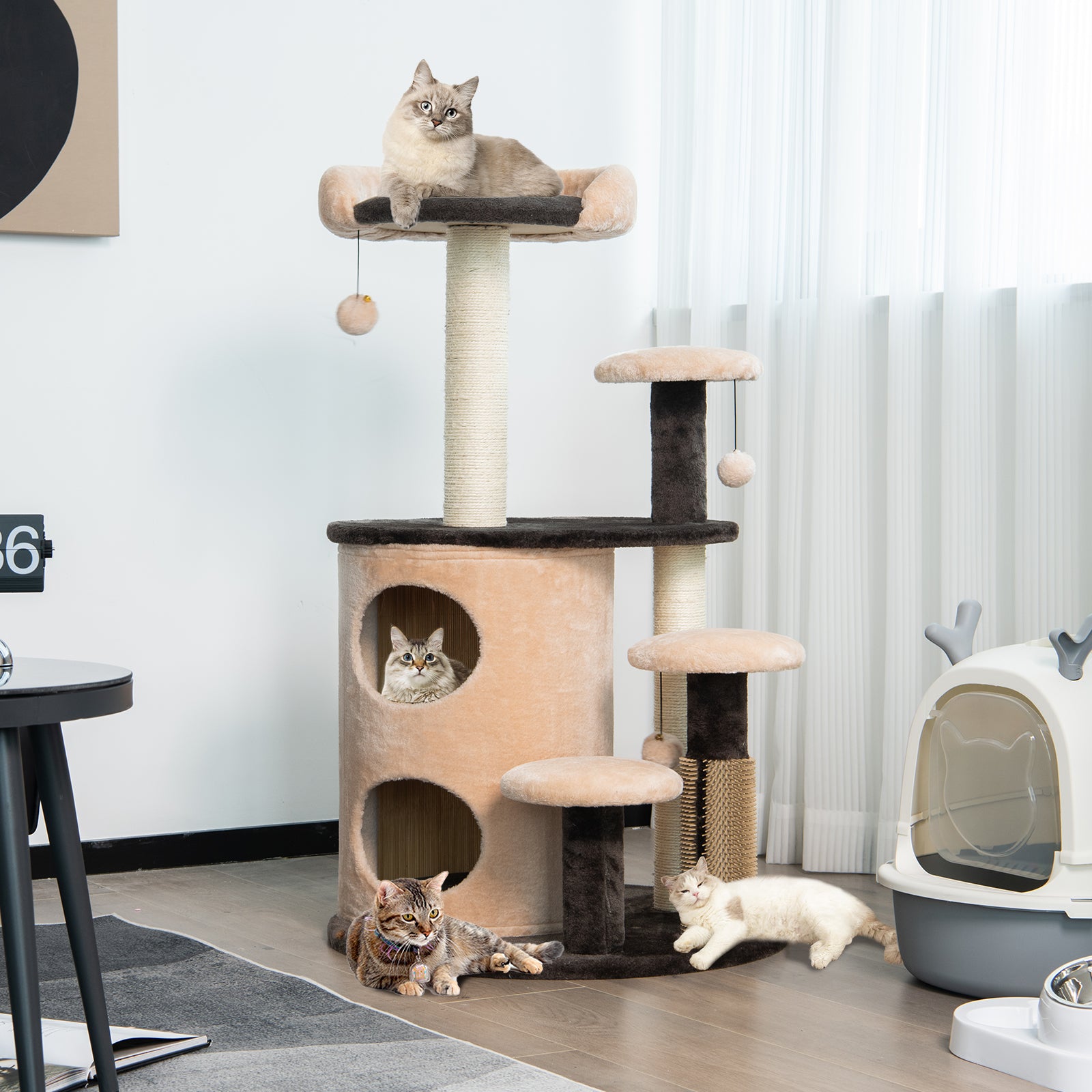 6-Tier Cat Tree Tower with Scratching Posts and Cat Self Groomer-Coffee