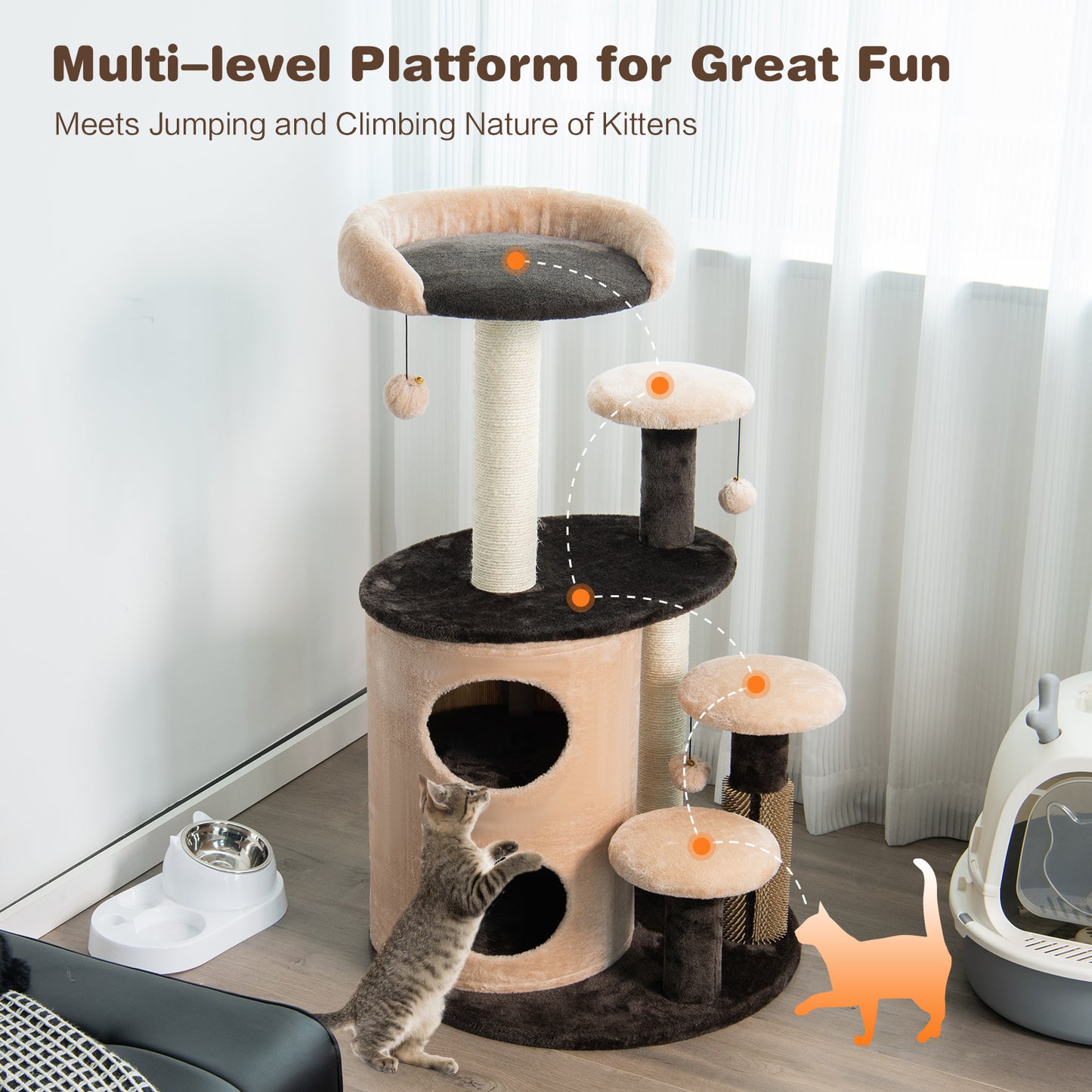 6-Tier Cat Tree Tower with Scratching Posts and Cat Self Groomer-Coffee