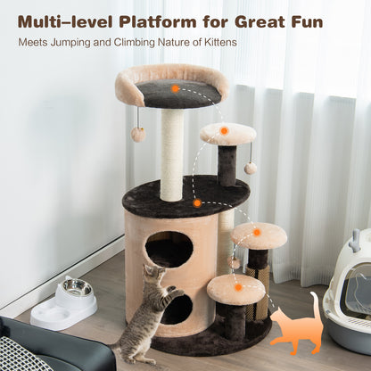 6-Tier Cat Tree Tower with Scratching Posts and Cat Self Groomer-Coffee