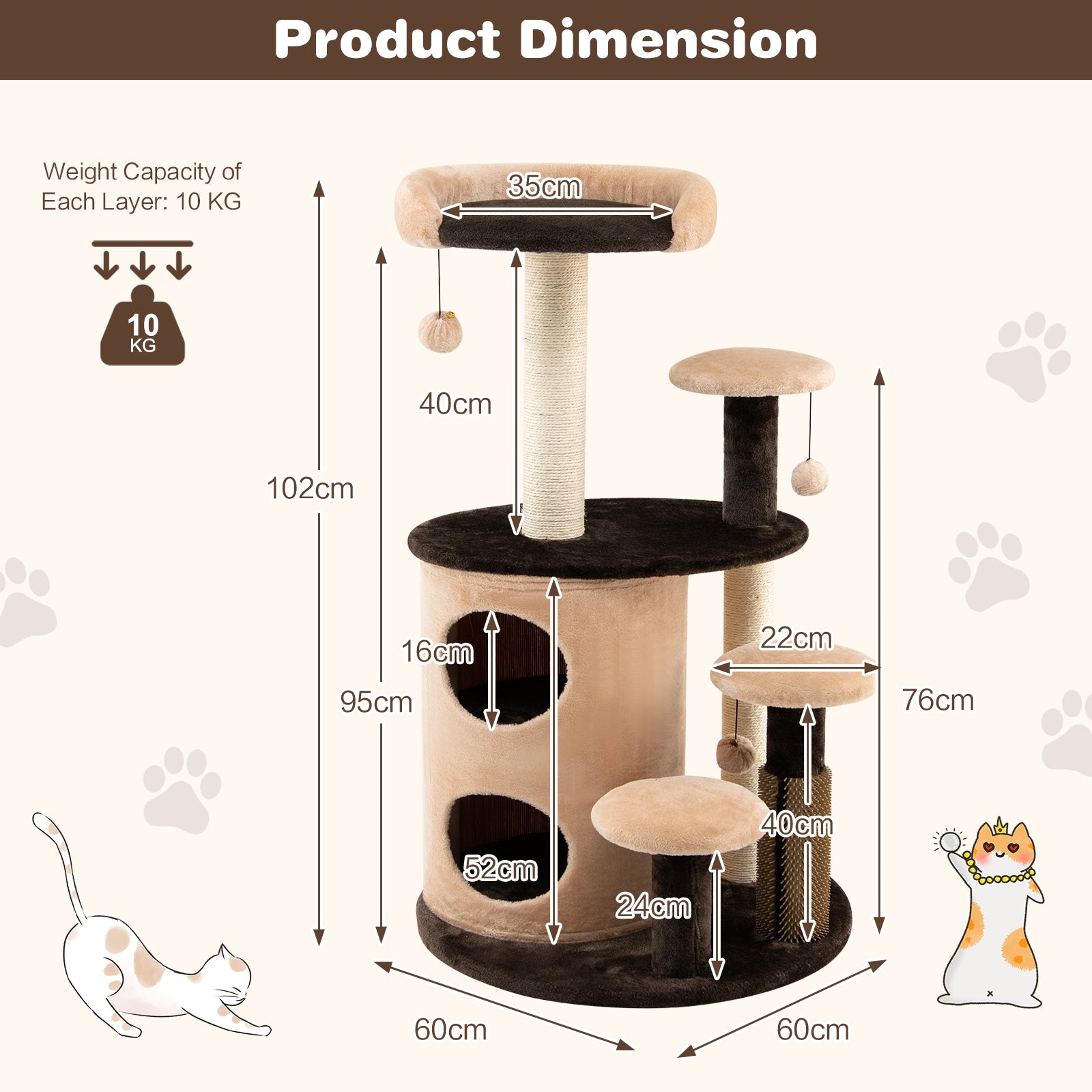 6-Tier Cat Tree Tower with Scratching Posts and Cat Self Groomer-Coffee
