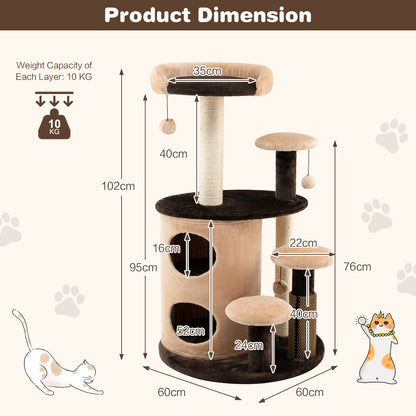6-Tier Cat Tree Tower with Scratching Posts and Cat Self Groomer-Coffee
