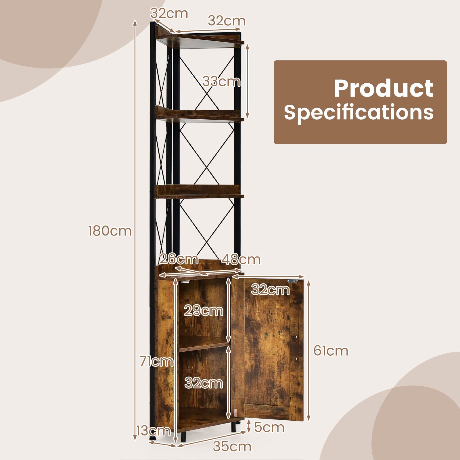 6-Tier Industrial Corner Storage Shelf with Adjustable Shelf-Rustic Brown