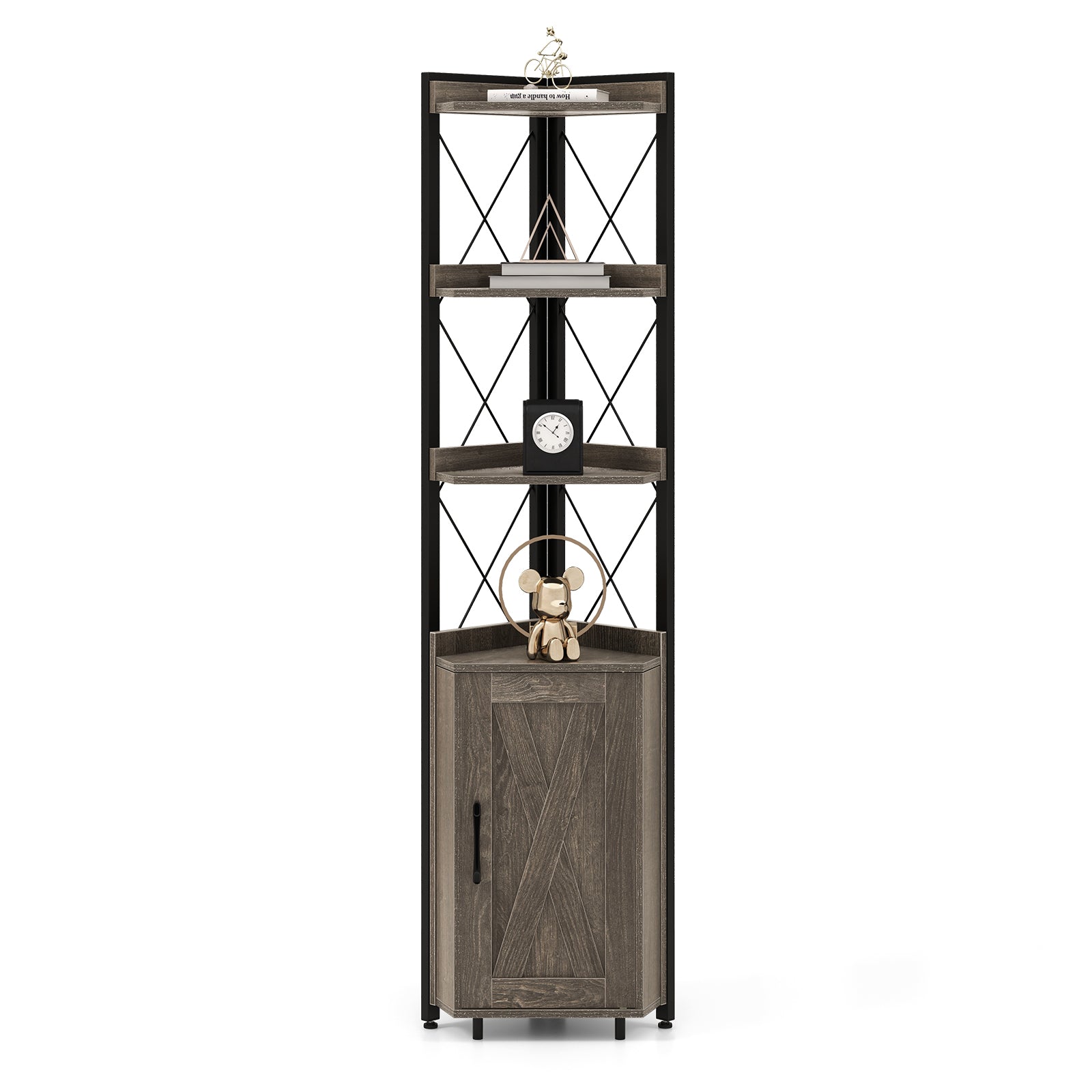 180cm Tall Corner Bookshelf with 5-position Adjustable Shelf and Door-Grey