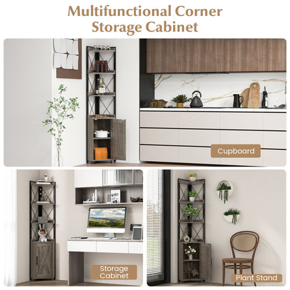 180cm Tall Corner Bookshelf with 5-position Adjustable Shelf and Door-Grey