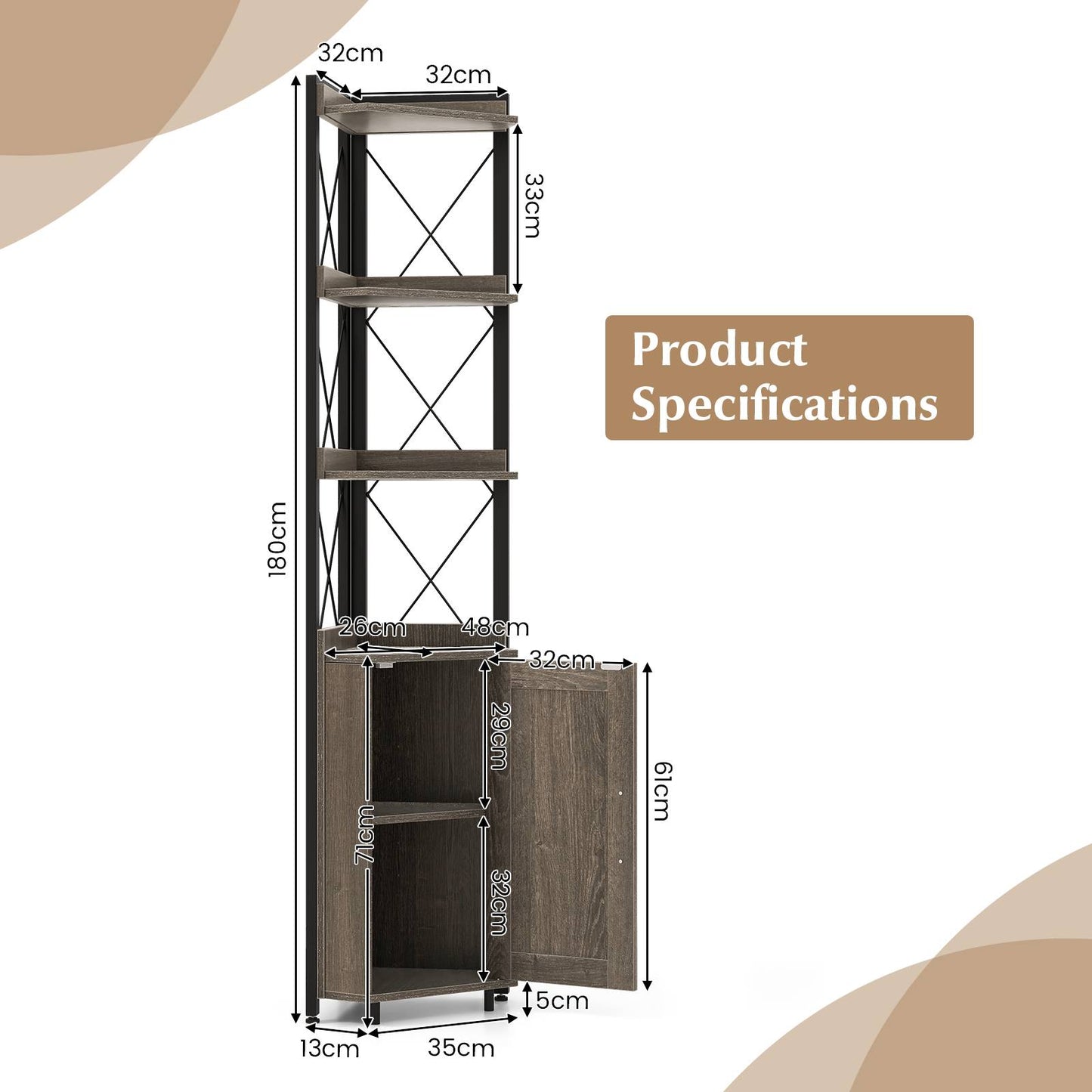 180cm Tall Corner Bookshelf with 5-position Adjustable Shelf and Door-Grey