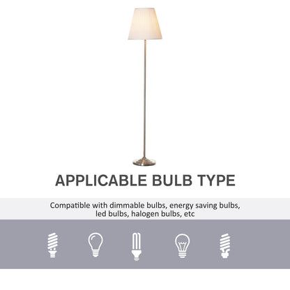 HOMCOM Modern Steel Floor Lamp with Pleated Fabric Lampshade Floor Switch, Home Style Standing Light for Living Room, Office, White and Silver