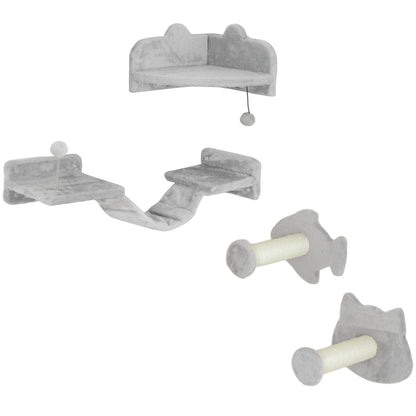 PawHut 4-Piece Cat Wall Shelves with Steps, Ladder, Jumping Platforms, Light Grey