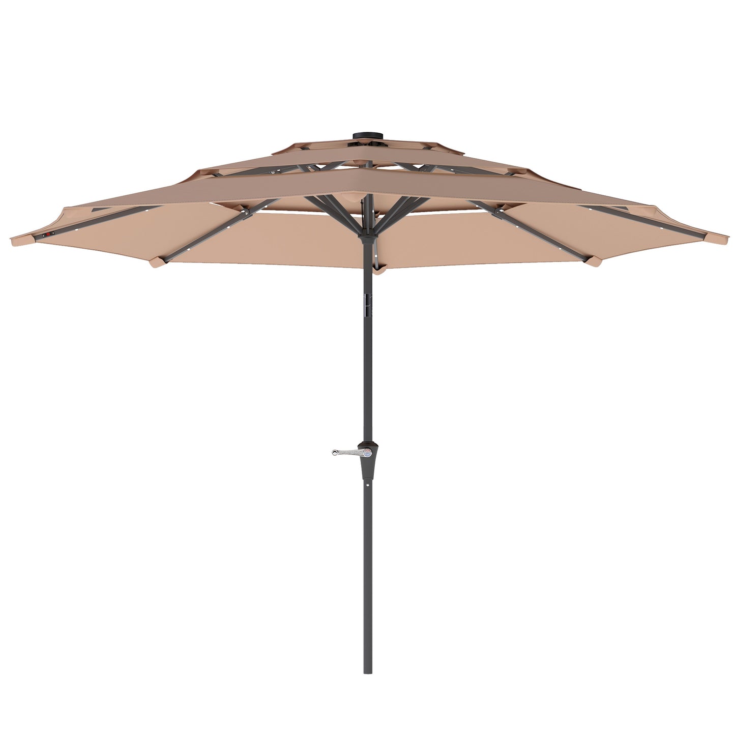 Outsunny 3-Tier Garden Parasol with Solar LED Lights, UPF 30+, Tilt Mechanism & Crank Handle, for Market Terrace, Khaki