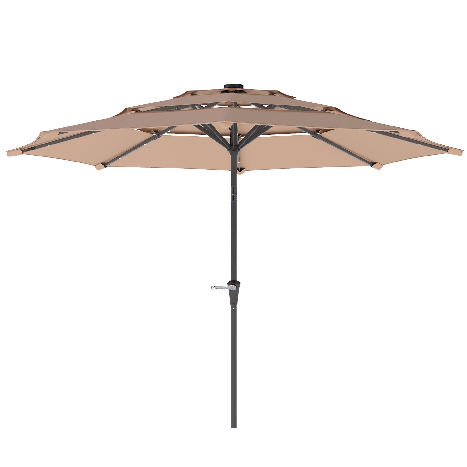 Outsunny 3-Tier Garden Parasol with Solar LED Lights, UPF 30+, Tilt Mechanism & Crank Handle, for Market Terrace, Khaki