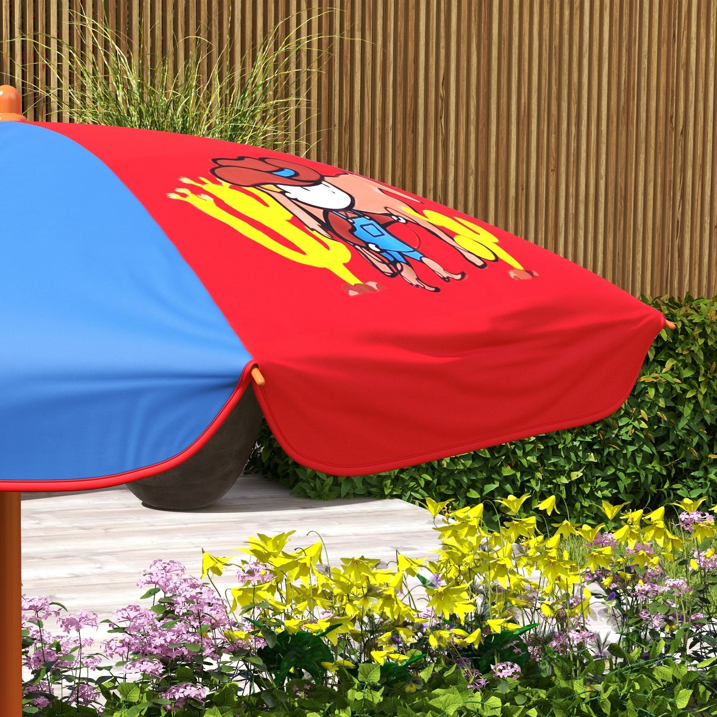 Outsunny 4 Piece Kids Garden Furniture Set with Adjustable Canopy, Cowboy Themed, Kids Garden Table and Chair Set and Double Seat Swing Chair for Patio Park Porch, for Ages 3-6 Years - Red and Blue