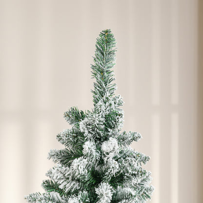 HOMCOM 5 Foot Snow Flocked Artificial Christmas Tree, Xmas Pencil Tree with 426 Realistic Branches, Auto Open, Pinewood Base, Green